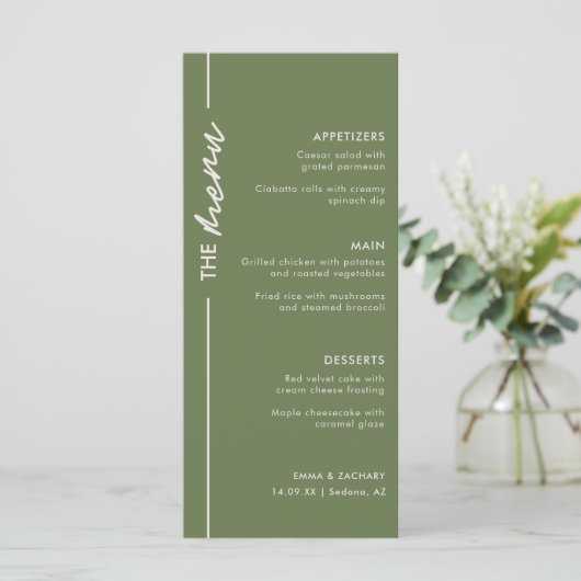 Menu Mariage vert olive moderne (Debout devant)