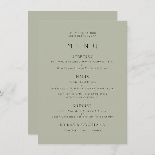 Menu Mariage vert pâle simple (Devant / Derrière)