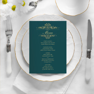 Menu mariage vert pétrole élégant cadre doré