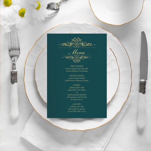 Menu mariage vert pétrole élégant cadre doré