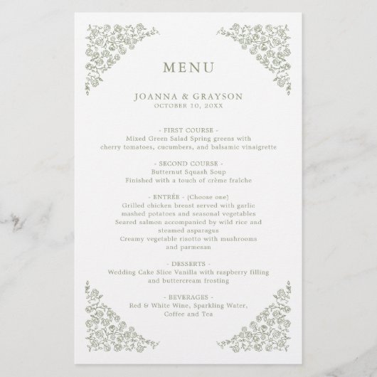 Menu Mariage Vert Sage Floral Simple Delicy (Devant)