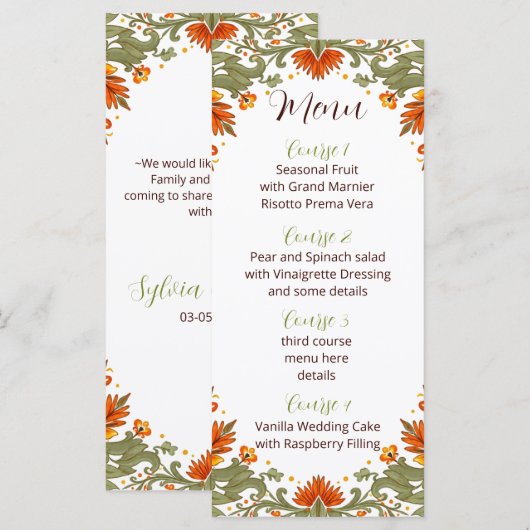 Menu Mariage vert Talavera Fiesta mexicaine (Devant / Derrière)