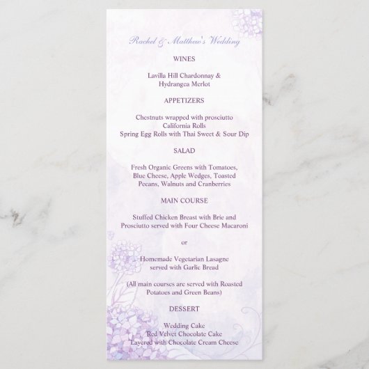 Menu Mariage vertical long Lavender Hydrangeas (Devant)
