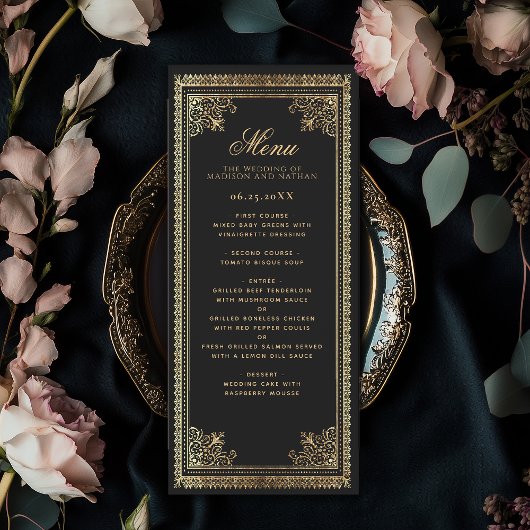 Menu Mariage victorien d'or gothique vintage