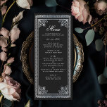 Menu Mariage victorien vintage gothique argenté<br><div class="desc">Design mariage élégant et moderne inspiré d'un style gothique victorien. Le design n'est pas un vrai papier peint. Objets correspondants dans notre boutique pour un thème de fête complet.</div>