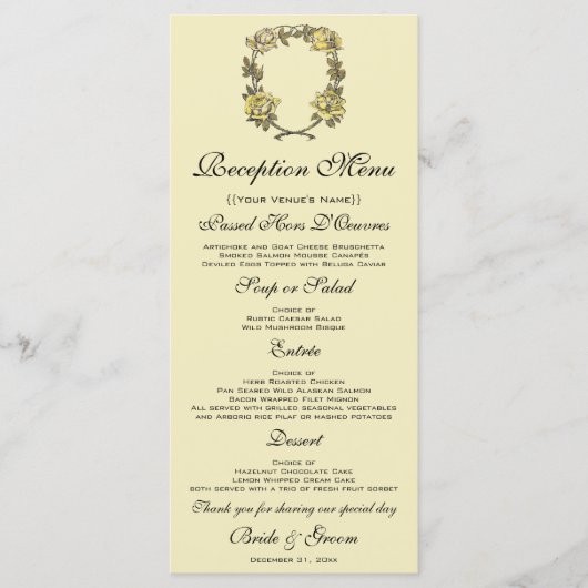 Menu Mariage vintage, Jaune Antique Jardin Rose Wreath (Devant)