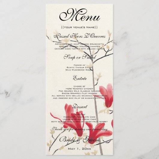 Menu Mariage vintage, Magnolia japonais rose (Devant)