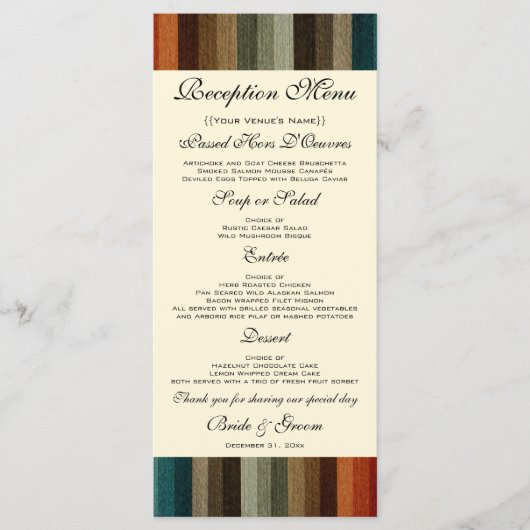 Menu Mariage vintage, Motif des rayures d'automne chaud (Devant)