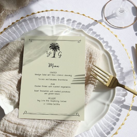 Menu Mariage Vintage Palmier Monogrammé