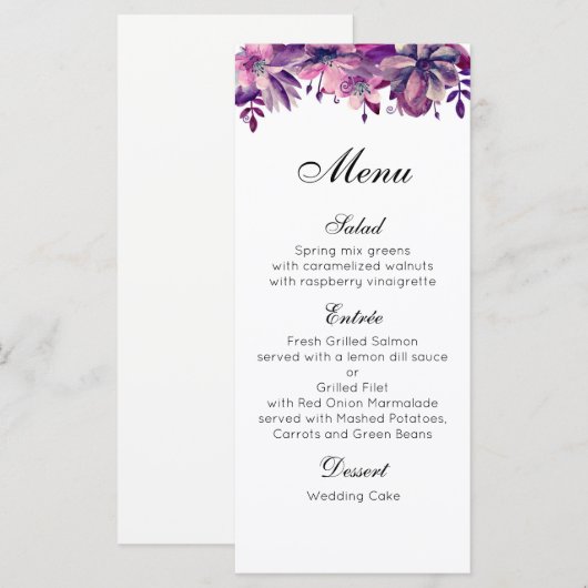 Menu mariage violet. Couleur d'aquarelle du menu d (Devant / Derrière)