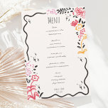 Menu Mariage Wavy Squiggle à main branché Wildfower<br><div class="desc">Carte de menu mariage à la mode ondulée à la bordure manuscrite style griffes suivant la dernière tendance en stationnaire mariage. Un fleur sauvage et une bordure design pour un mariage amusant et contemporain.</div>