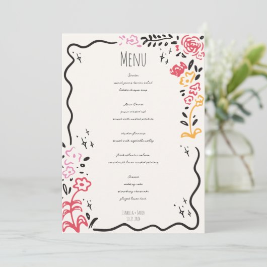 Menu Mariage Wavy Squiggle à main branché Wildfower (Debout devant)