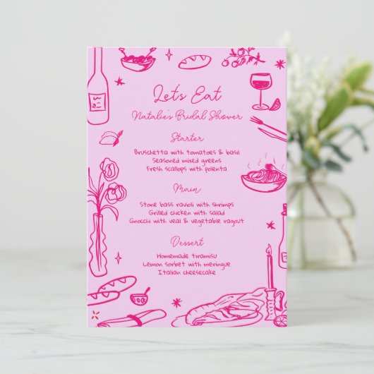Menu Mariage Whimsical à main rose chaud (Debout devant)