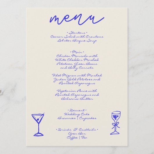 Menu Mariage Whimsical Bleu Dessiné À La Main Rétro (Devant)