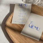 Menu Mariage Whimsical moderne bleu français rétro<br><div class="desc">Un menu de dîner mariage moderne et coloré rétro et moderne. Ce qui présente le design modèle chic de boho vintage crémeux arrière - plan et de la typographie rose et menu écrit à la main en bleu. Parfait et assorti à toute la suite.</div>