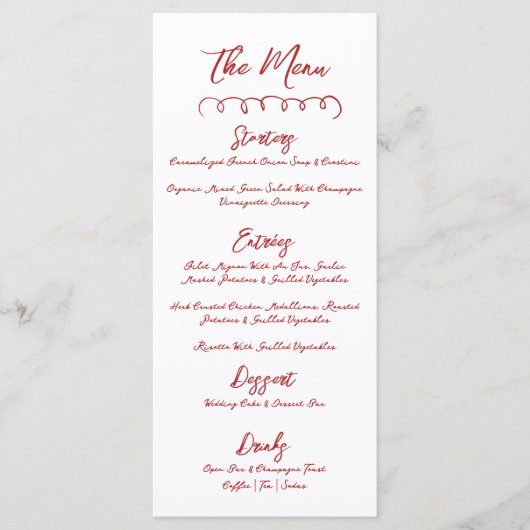 Menu Mariage Whimsical rouge simple à main (Devant)