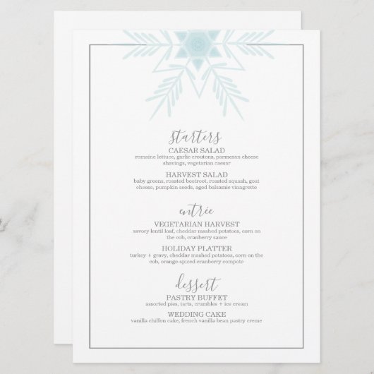 Menu mariage WINTER WONDERLAND bleu moderne (Devant / Derrière)