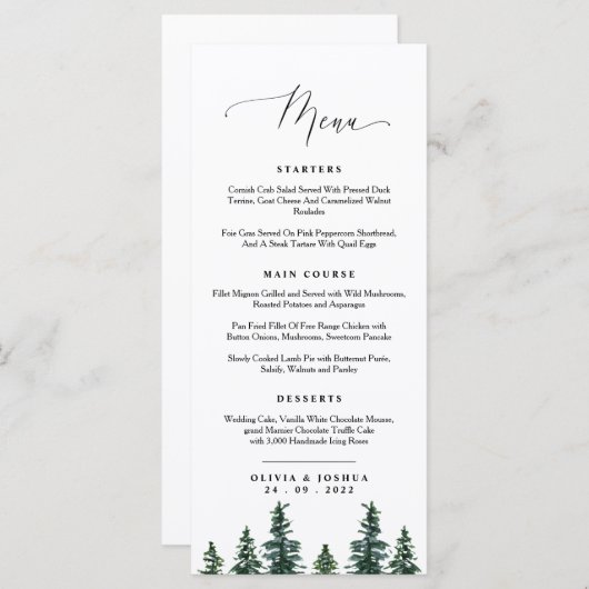 Menu Mariage Woodland, Pine Trees (Devant / Derrière)
