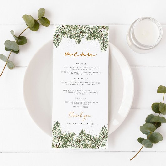 Menu Mariages Whimssical Green et Gold Pine Cone