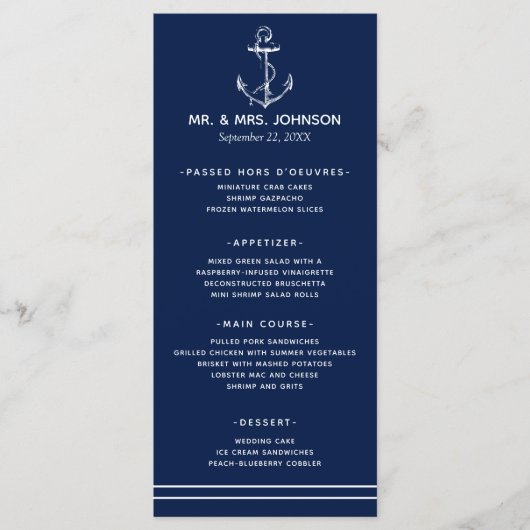 Menu Marine Ancre blanche marine Mariage côté mer (Devant)