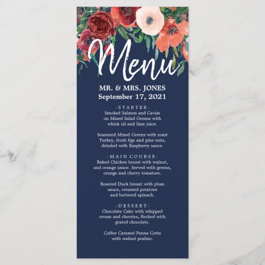 Menu Marine Bleu Corail Bourgogne Floral Aquarelle Mari (Devant)