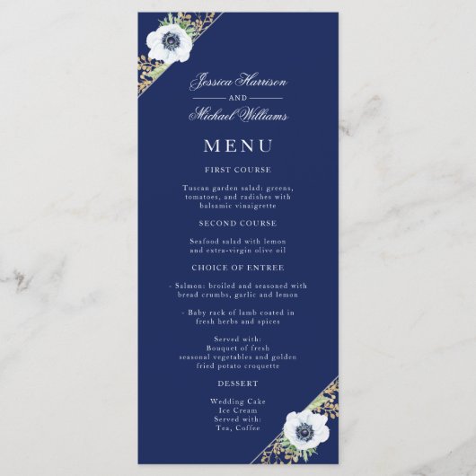 Menu Marine bleu Floral Élégant Anemone Bouquet Mariage (Devant)