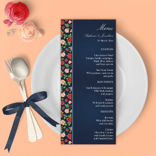 Menu Marine Bleu Floral Rouge & Brûlé Orange Mariage Ro
