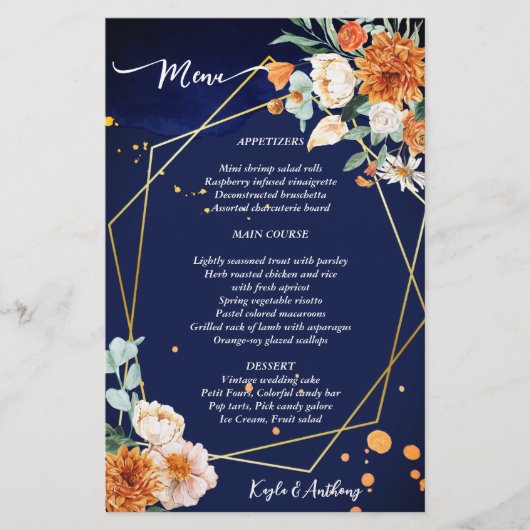 Menu Marine bleu orange blanc roses (Devant)