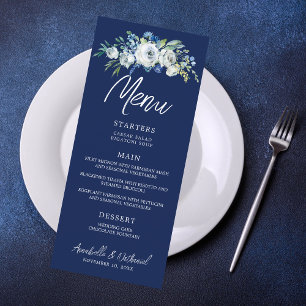 Menu Marine Blue Floral Moderne Dîner de mariage d'hive