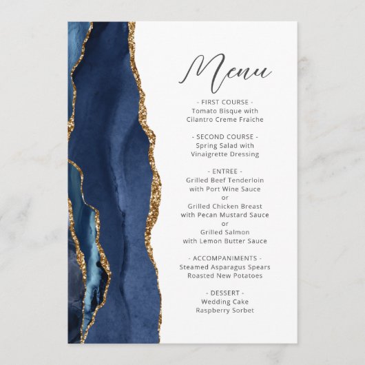 Menu Marine Blue Gold Agate Modern Script Mariage (Devant)
