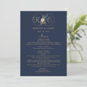 Menu Marine Blue Gold Monogramme Nom Mariage initial Me (Debout devant)