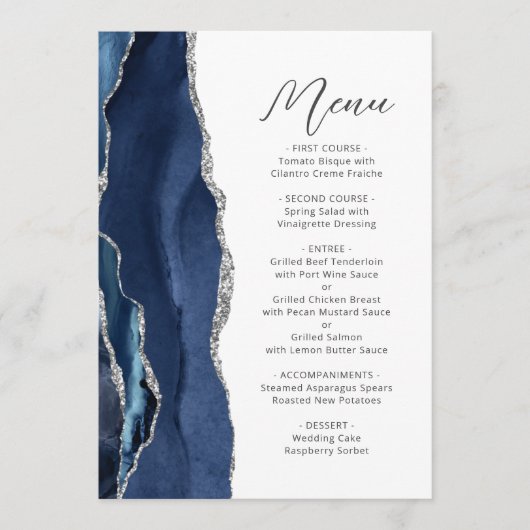 Menu Marine Blue Silver Agate Modern Script Mariage (Devant)