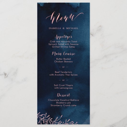Menu Marine blush calligraphie rustique floral mariage (Devant)