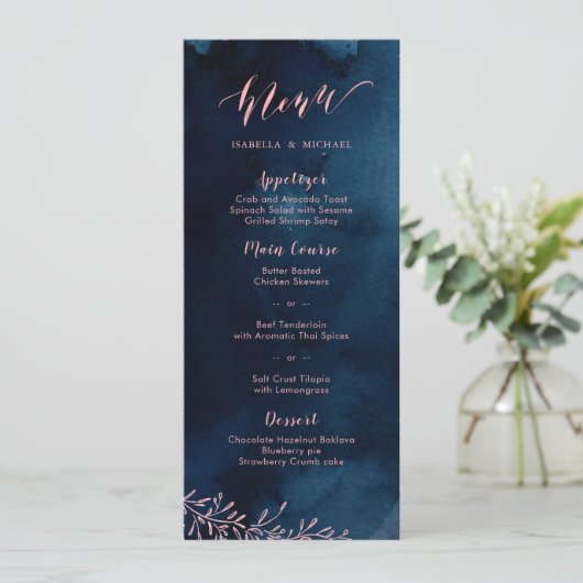 Menu Marine blush calligraphie rustique floral mariage (Debout devant)