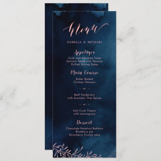 Menu Marine blush calligraphie rustique floral mariage (Devant / Derrière)