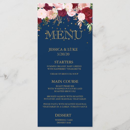 Menu Marine Bourgogne Floral Mariage Gold Confetti (Devant)