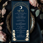Menu Marine céleste élégant Arc Art nouveau Mariage<br><div class="desc">Étendez votre événement grâce à notre menu d'inspiration Art Nouveau ! Doté d'une arche dorée radieuse, d'étoiles chatoyantes et de fleurs blanches délicates dressées contre un arrière - plan marin profond, ce design ajoute une élégance intemporelle à votre table. Parfait pour les mariages, les galas et les réunions haut de...</div>