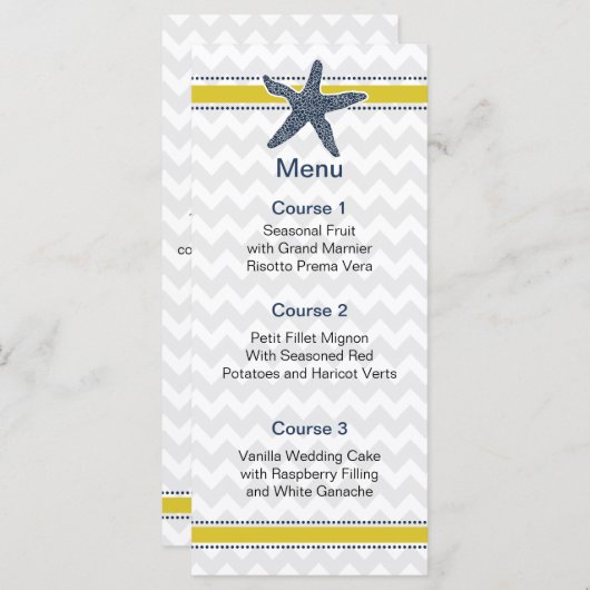 Menu Marine et Jaune Starfish Beach Mariage papeterie (Devant / Derrière)