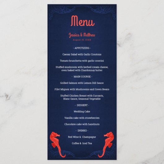 Menu Marine Marine Bleu Corail Seahorses Plage Mariage (Devant)