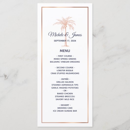 Menu Marine Rose Gold Copper Palm Tree Beach Mariage (Devant)