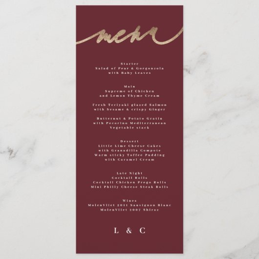 Menu Maroon Elegant Rouge foncé Plum Bourgogne Mariage (Devant)