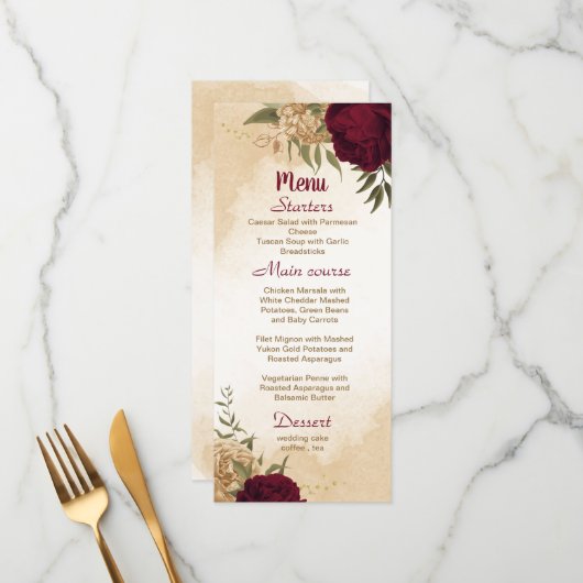 Menu Maroon vert beige or botanique mariage (Devant/Arrière en situation)