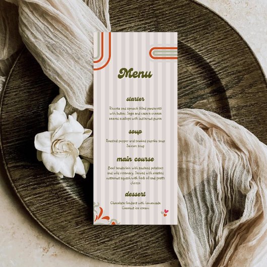 Menu Marron & Vert Rétro Illustré | Dîner de Mariage