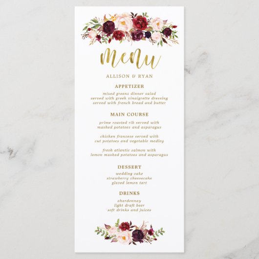 Menu Marsala Bourgogne Fleurs Mariage Boho (Devant)