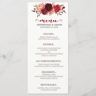 Menu Marsala Bourgogne Rouge Roses Florales Mariage Men
