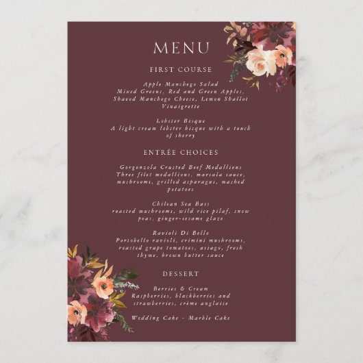 Menu Marsala Burgundy Peach Aquarelle Florale (Devant)