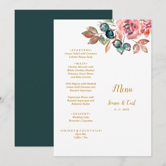 Menu MARY Rose couleur d'eau Emerald Mariage vert (Devant / Derrière)