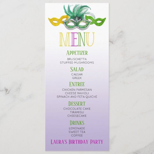 Menu Mascarade violette et verte fête d'anniversaire (Devant)