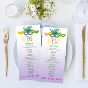 Menu Mascarade violette et verte fête d'anniversaire
