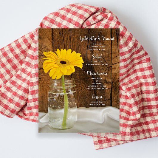 Menu Mason Jar et Yellow Daisy Mariage campagnard